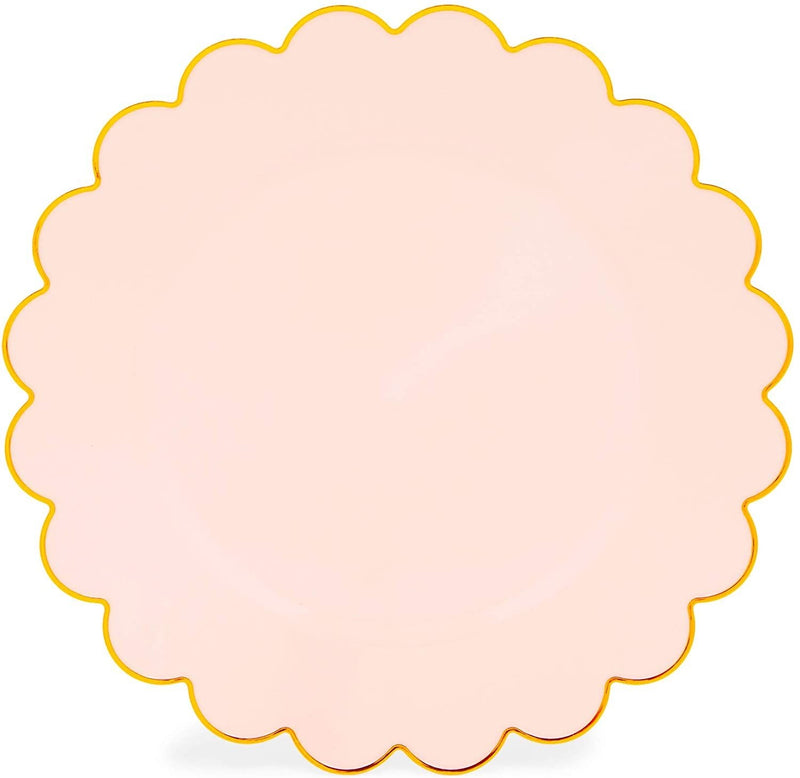 50 Pack Pink and Gold Plastic Plates, 9 Inch Scalloped Plates with Gold Rim for Birthday Party, Baby Shower