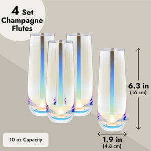4 Pack Iridescent Champagne Flutes, Stemless Wine Glasses for Cocktails, Mimosas, Bars (10 oz)