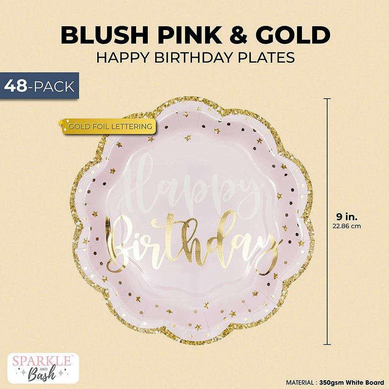 48 Pack Pink Happy Birthday Party Paper Plates with Gold Glitter Edges (9 In)