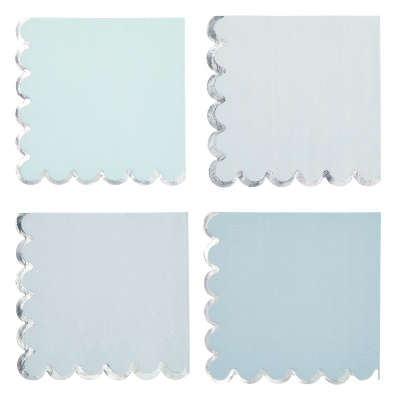 100-Pack Disposable Paper Cocktail Napkins with Scalloped Edges, 5x5-Inch Bulk Serviettes in 4 Shades of Light Blue with Silver Foil Trim