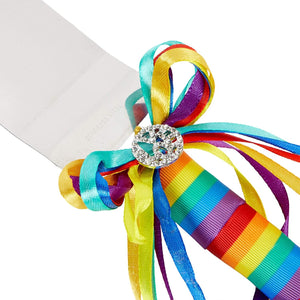 Rainbow Cake Cutting Set for Gay Wedding, Champagne Flutes, Server, Knife (4 Pieces)