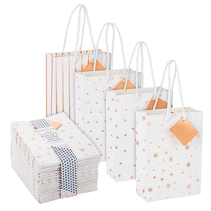 24 Pack Small White Bags with Handles and Tags, Paper Gift Bags for Small Business, 4 Rose Gold Foil Designs (7.9 x 5.5 x 2.5 In)
