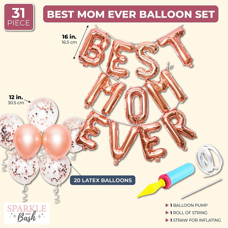 31 Piece Best Mom Ever Rose Gold Foil Balloon Set for Mother’s Day Decorations