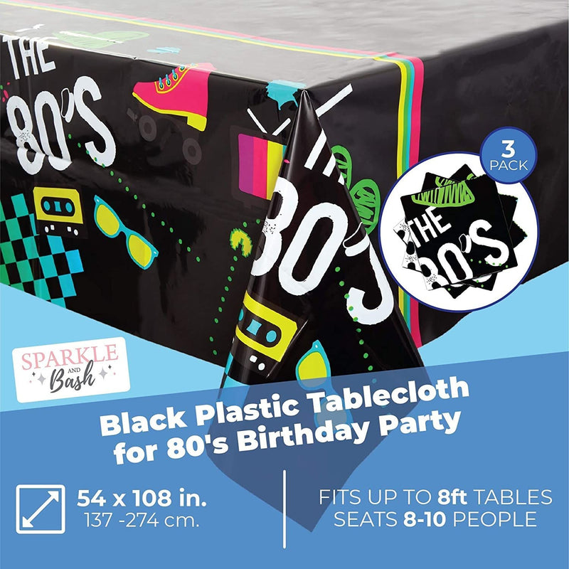 3 Pack I Love the 80s Tablecloth, Retro 1980s Table Covers for Birthday Party (Black, 54 x 108 In)