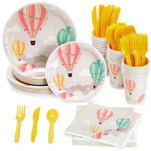 168-Piece Hot Air Balloon Party Decorations for Baby Shower, Birthday Party, Disposable Dinnerware Set with Paper Plates, Plastic Cutlery, Cups, and Napkins (Serves 24)