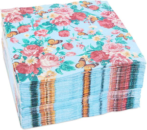 Blue Floral Paper Napkins with Rose Flowers for Birthday Party (6.5 x 6.5 In, 50 Pack)