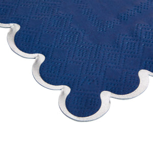 100-Pack Disposable Paper Cocktail Napkins with Scalloped Edges, 5x5-Inch Bulk Serviettes in 4 Shades of Navy Blue with Silver Foil Trim