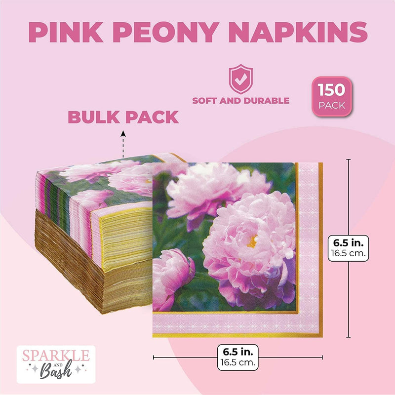 Pink Peony Napkins for Flower Party (6.5 x 6.5 In, 150 Pack)