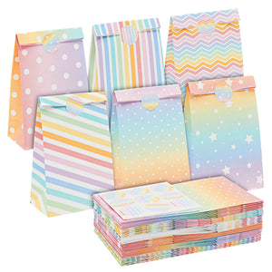 36-Pack Small Rainbow Party Favor Bags, 5.5x3.2x9-Inch Paper Goodie Bags with Stickers for Birthday Party Supplies (6 Designs)