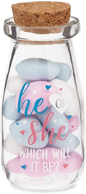 12 Pack He or She Milk Jars for Gender Reveal Party Favors, 4 Oz Glass Bottles with Cork Lids for Baby Shower Decorations (4 In)