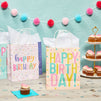 Happy Birthday Paper Gift Bags with Handles, Bulk for Party Favors (4 Designs, 24 Pack)