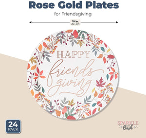 24 Pack Large Friendsgiving Paper Plates with Fall Leaves, Rose Gold Foil (10 In)