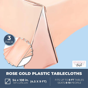 3 Pack Rose Gold Plastic Tablecloth, Metallic Table Cover Disposable for Pink Birthday Parties, Gender Reveal, Bridal Shower Decorations (54 x 108 In)