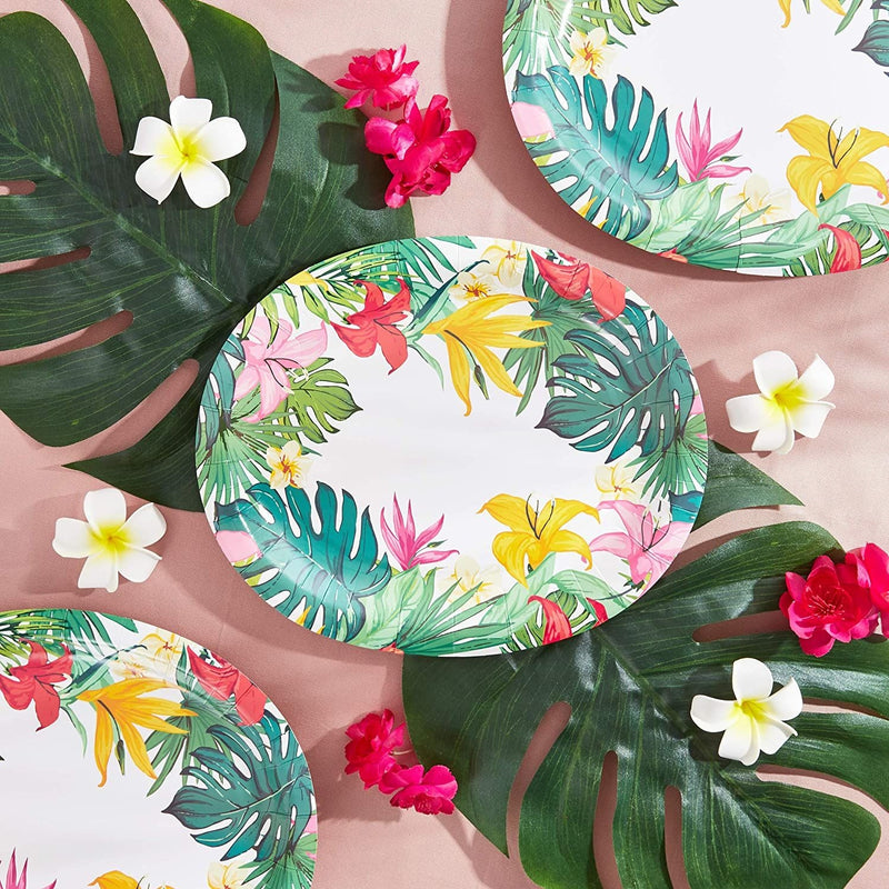 48-Pack Hawaiian Luau Party Supplies, Oval Paper Plates (12.5 x 10.5 in)
