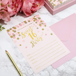 36-Pack Sweet 16 Birthday Party Invitations With Envelopes for RSVP Party (Pink & Gold, 7 x 5 In)