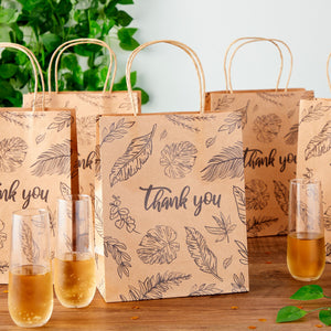 50 Pack Kraft Thank You Paper Bags with Handles for Gifts, Party Favors, Boutique, Leaf Design (8x10x4 In)