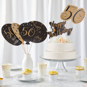 50th Birthday Decorations Party Centerpieces, Black and Gold Stick Table Toppers, 4 Designs (30 Pieces)