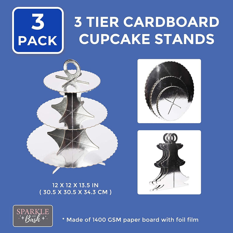 3 Pack Cardboard 3 Tier Cupcake Stand with Scalloped Edges (Silver Foil, 12 x 13.5 In)