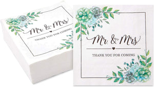 Succulent Floral Mr. and Mrs. Paper Napkins for Wedding (6.5 In, 100 Pack)