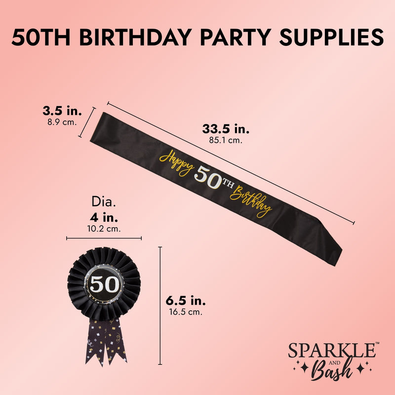 50th Birthday Party Supplies, Button Pin, Sash, Hat, Blower (Black, Gold, 4 Pieces)