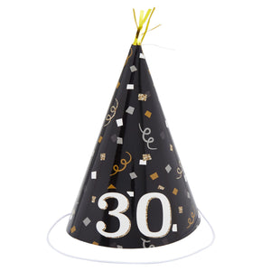 30th Birthday Party Supplies, Button Pin, Sash, Hat, Blower (Black, Gold, 4 Pieces)