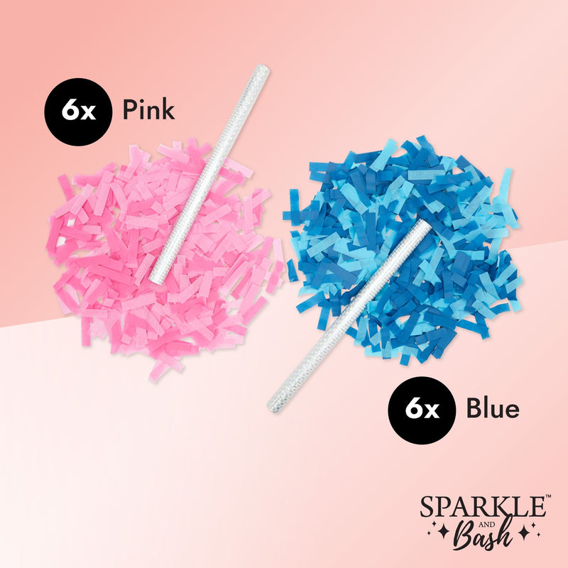 12 Pack Gender Reveal Confetti Wands, Flutter Sticks with Pink and Blue Confetti Strips