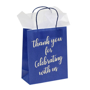 24-Pack 8x4x10-Inch Navy Blue Gift Bags with Gold Foil Script, Medium-Sized Thank You Bags with Handles and 24 Sheets White Tissue Paper