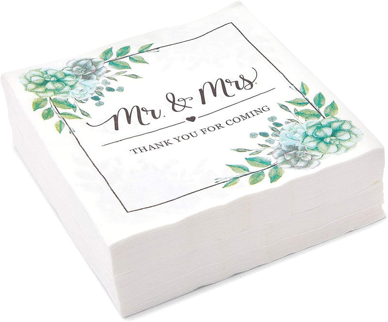 Succulent Floral Mr. and Mrs. Paper Napkins for Wedding (6.5 In, 100 Pack)