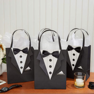 Tuxedo Gift Bag Set for Wedding Groomsman, Bachelor Party Favors (Black, 6 Pack)