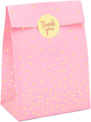 Pink Gift Bag, Party Favor Bags with Gold Stickers (5.15 x 8.6 in, 36 Pack)