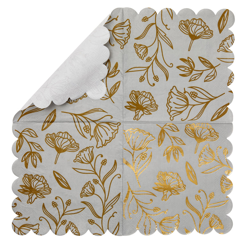 50-Pack Gray Paper Napkins with Gold Foil Floral Design and Scalloped Edges for Weddings, Baby Showers, and Bridal Showers (3-Play, 5x5 in)