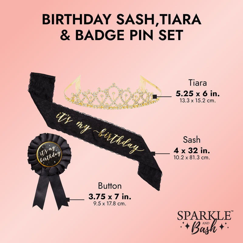 It's My Birthday Sash, Ribbon Pin, Gold Rhinestone Tiara Crown (Black, 3 Piece Set)