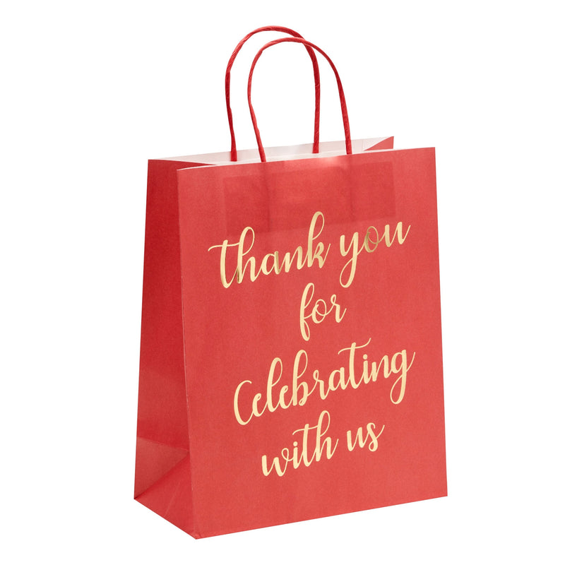 24-Pack 8x4x10-Inch Red Gift Bags with Gold Foil Script, Medium-Sized Thank You Bags with Handles and 24 Sheets White Tissue Paper