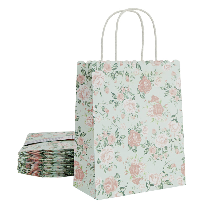 24-Pack Floral Gift Bags, 8x4x10-Inch Medium Size Gift Bags with Handles, Paper Bags with Colorful Rose Flower Print (Green)