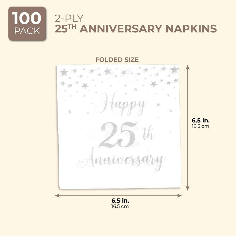 White and Silver Paper Napkins for 25th Anniversary Party Supplies (6.5 In, 100 Pk)