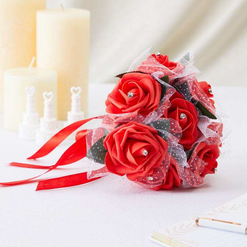 Red Foam Roses Artificial Wedding Bouquet for Bride, Bridesmaid (9.5 In)