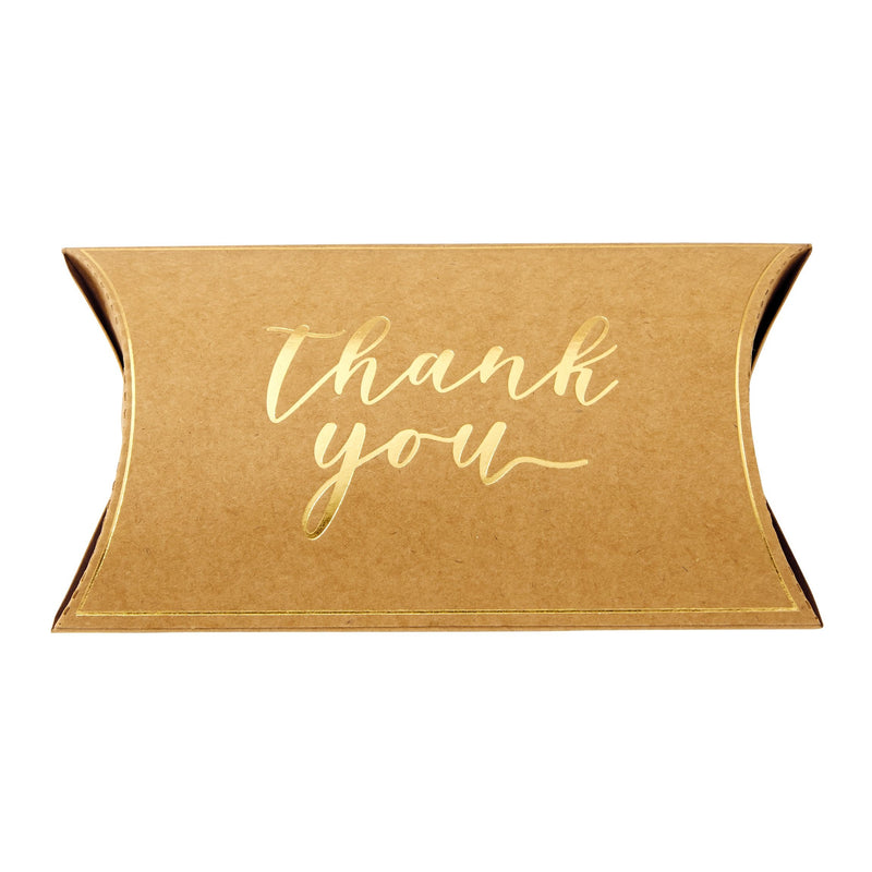 100-Pack Wedding Favor Pillow Boxes, Bulk 5.2x3.2-Inch Kraft Paper Thank You Gift Boxes with 1 Roll Jute String for Party Favors (Brown with Gold Script)