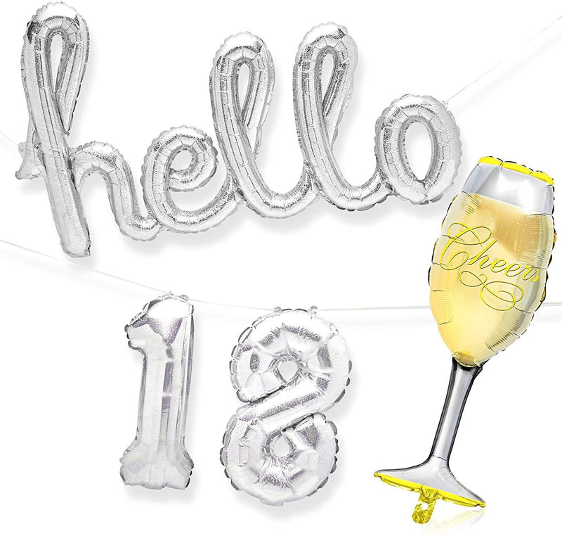 4 Pcs Silver 18th Birthday Balloons with Champagne Glass Foil Balloon for Party Decorations, Hello 18