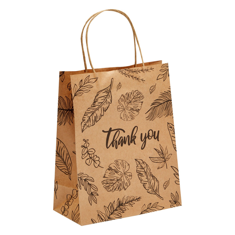 50 Pack Kraft Thank You Paper Bags with Handles for Gifts, Party Favors, Boutique, Leaf Design (8x10x4 In)