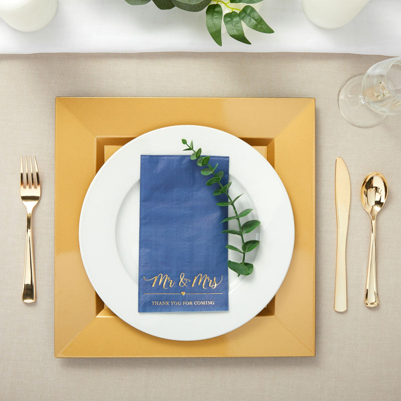 100 Pack Navy Blue Napkins for Wedding Reception with Gold Foil, Mr and Mrs (3-Ply, 4 x 8 In)