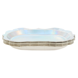 24 Holographic Silver Disposable Party Serving Trays with Scalloped Foil Edge (13 x 9 in)