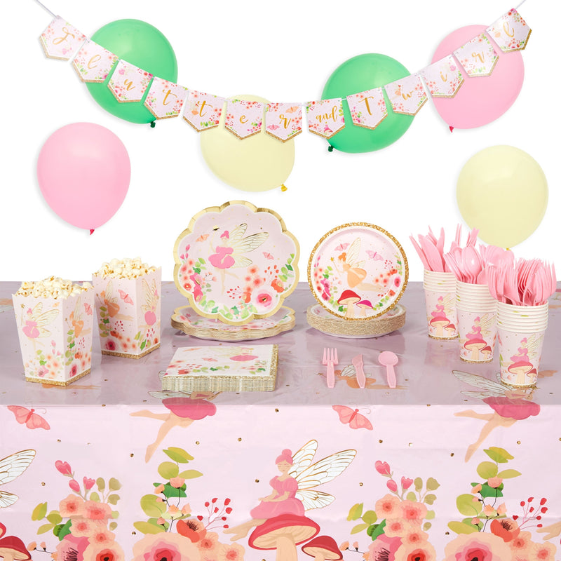 219 Piece Fairy Birthday Party Decorations and Table Dinnerware Set with Favor Boxes, Balloons, Banner (24 Guests)