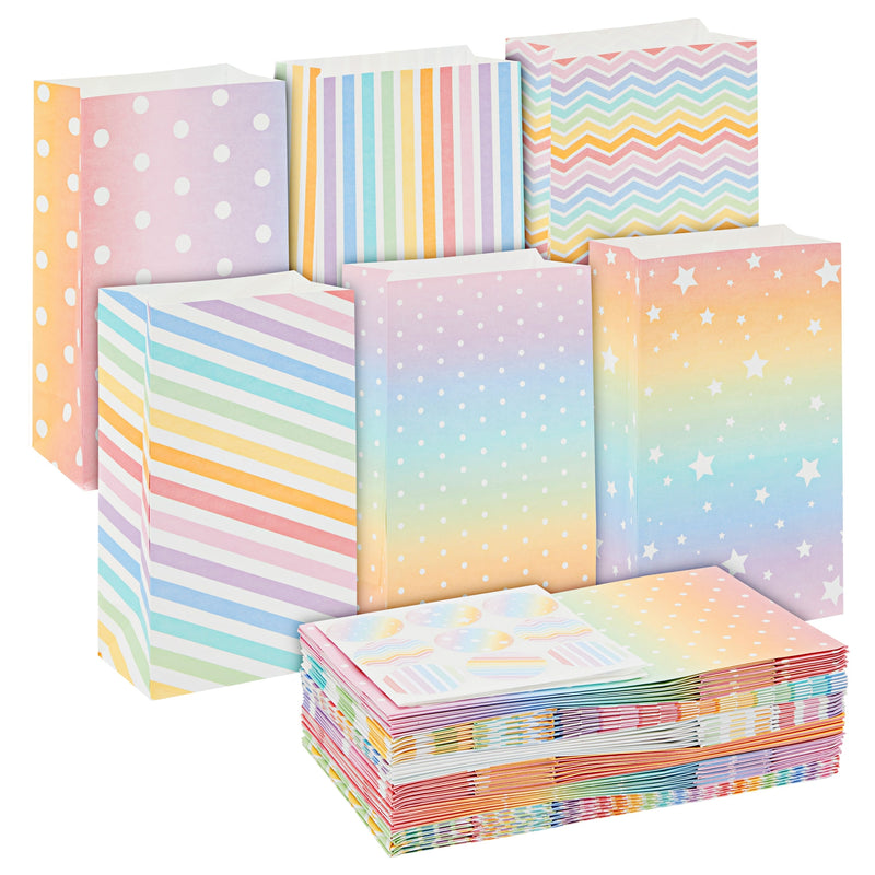 36-Pack Small Rainbow Party Favor Bags, 5.5x3.2x9-Inch Paper Goodie Bags with Stickers for Birthday Party Supplies (6 Designs)